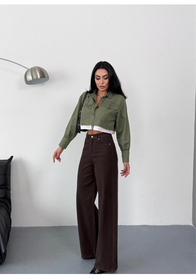 Kadın Kahverengi Baggy Jean Yüksek Bel Geniş Paça Kot Pantolon Kahverengi+baggy