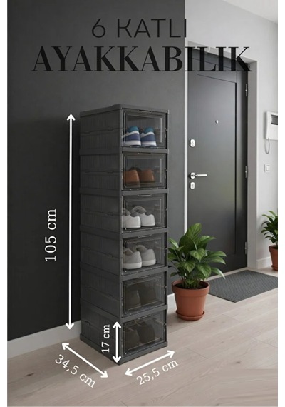 6 Katlı Modüler İstiflenebilir Ayakkabılık Ayakkabı Saklama Kutusu Set Çok Amaçlı Katlanabilir Dolap Antrasit