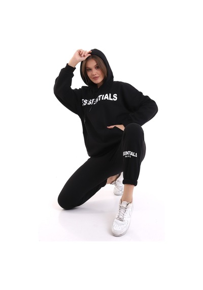Winmoda34 Oversize Eşofman Takımı Boyfriend Baskılı Bol Kalıp Siyah