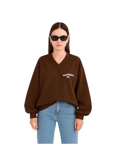 Benroma Calıfornıa Baskılı Ünisex V Yaka Sweatshirt Kahverengi