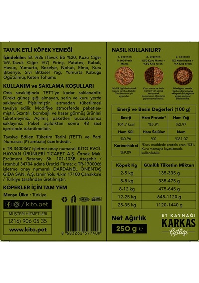 Kito Fresh Tavuk Etli Taze Yetişkin Köpek Yemeği 6 x 250 G