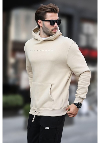 Madmext Bej Kapüşonlu Baskılı Erkek Sweatshirt 7077 Bej