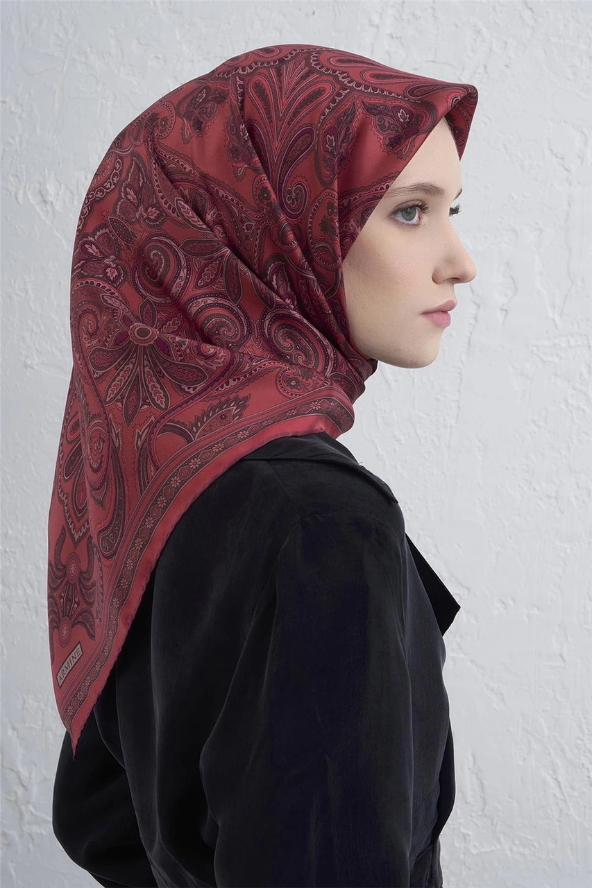 Armine Etnik Desen Saf İpek Twill Eşarp 9421d 85 Kırmızı