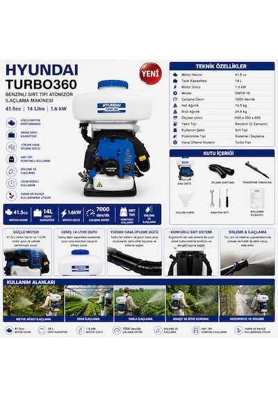 Hyundai Turbo360 Benzinli Sırt Atomizör İlaçlama Makinesi 14 Litre 41.5cc