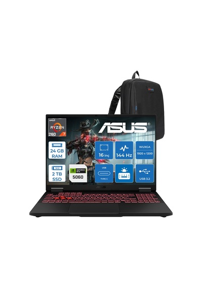 Asus TUF Gaming A16 FA608UMI-TU166F05 Ryzen 7 260 24 GB 2 TB SSD RTX5060 16" Free Dos Dizüstü Bilgisayar