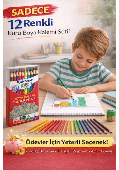 Kuruboya Kalemi 12 Li Canlı Renkler, Yumuşak Uç, Okul Ve Ödev İçin İdeal Kuru Boya Seti Beyaz