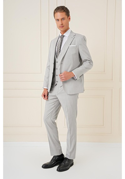 Efor Slim Fit Dokulu Çift Yırtmaç Yelekli Klasik Gri Takım Elbise Tk 898 Gri