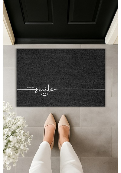 Rugmood Modern Dijital Baskı Paspas - Happy Smile Paspas - Kapı Önü Paspası 70x45cm Siyah