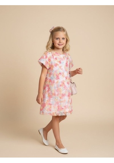 Zekids Kız Çocuk Çiçek İşlemeli Tasarım Elbise-17236 Renkli