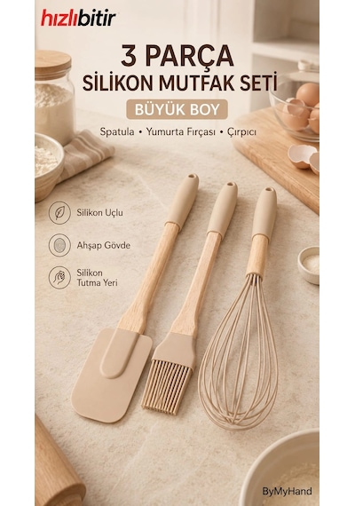 Bymyhand Ahşap Saplı Slikon Uçlu Mutfak Ve Pasta Yapım Hazırlık 3'lü Set Karışık