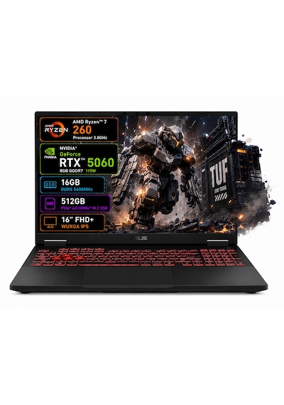 Asus Tuf Gaming A16 FA608UMI-TU166 R7-260 16 GB 512 GB SSD RTX5060 16" Dos FHD Dizüstü Bilgisayar