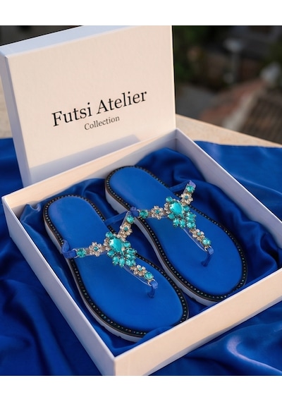 Futsishoes Julıette Mavi Hakiki Deri Taş İşlemeli Parmak Arası Kadın Terlik Lacivert