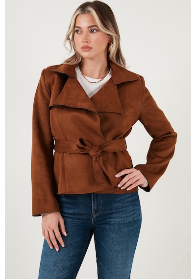 Lela Regular Fit Kruvaze Yaka Kuşaklı Süet Dokulu Bayan Ceket 6839640 Taba