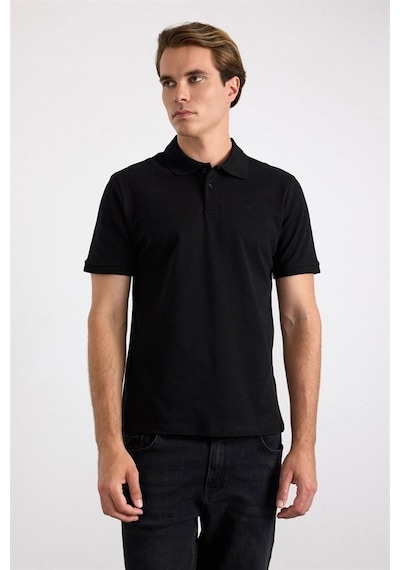 Süvari Siyah Regular Düz Nakışlı Pike Düğmeli Polo Yaka Tişört Ts1014000473-s09