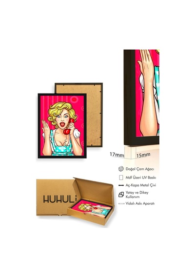 Doğal Ahşap Çerçeveli Pop Art Desenli Tablo - Retro Pembe Tonlar Huhu1812