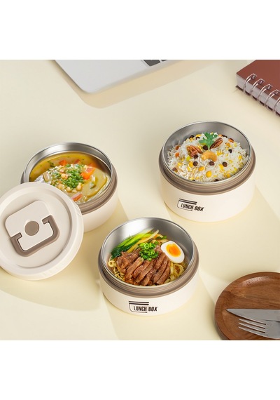 Porsima 25013 Vakumlu 3 Parça Çelik Lunch Box Sefer Tası Çantalı Krem