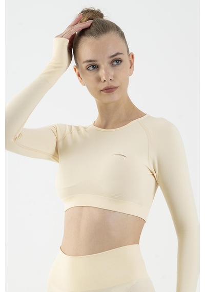 Maraton Active Slimfit Kadın Bisiklet Yaka Uzun Kol Training Ekru Crop Top 816005 Ekru