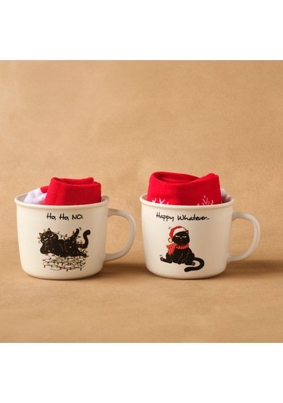 Karaca New Year Yılbaşı Grumpy Cat Çoraplı 2 Kişilik Kupa Seti 350 Ml