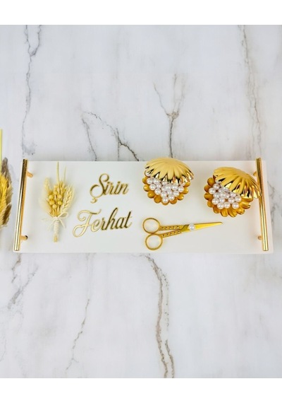 Bond Gold Söz Ve Mermer Nişan Tepsisi Beyaz Beyaz