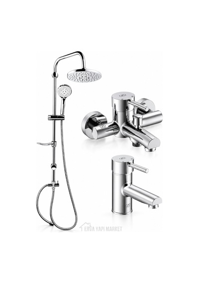 Espina Banyo Lavabo Bataryası Dst19-2 Yuvarlak Yağmur Duş Sistemi 3'lü Krom Set