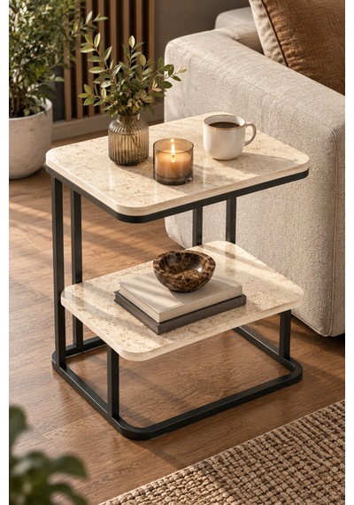 Sulorahome Ekru Traverten Desenli 2 Katlı Yan Sehpa 55 Cm