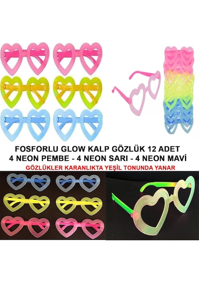 Tedar Retro Neon Fosforlu Kalp Gözlük 12 Adet 80 Ler 90 Lar Parti Stili Najmaddin "
