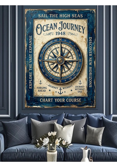 Okyanus Yolculuk Pusula Vintage Poster Dekoratif Kanvas - Mdf Ahşap Tablo