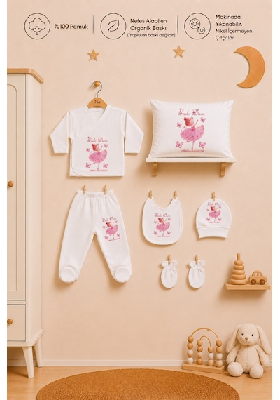 Pia Baby Kız Bebek 7 Parça Hastane Çıkışı Seti %100 Pamuk Kişiye Özel İsimli Zıbın Set 1025zybyx Ekru