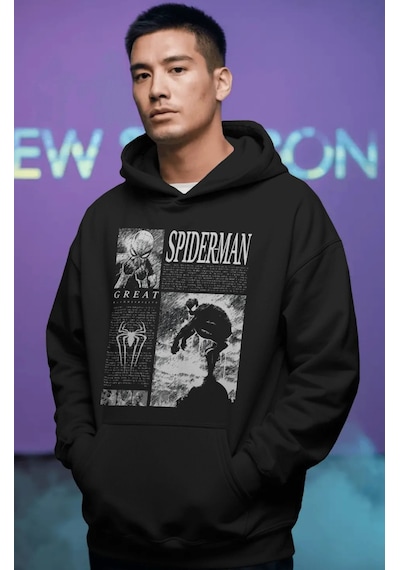Sevbano Spider-man Örümcek Adam Film Kahramanı Ön Baskılı Unisex Oversize Siyah