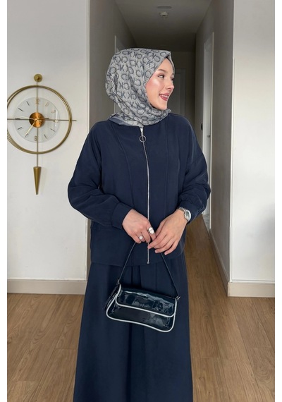 Mihran Butik Cupra Kumaş Lacivert Kadın Elbise Etek Takım Lacivert