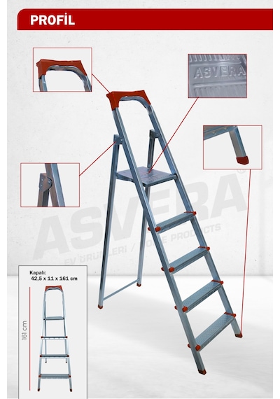 Asvera 4+1 5 Basamaklı Ev Tipi Katlanabilir Profil Merdiven - Sağlam Çelik Boya Merdiveni