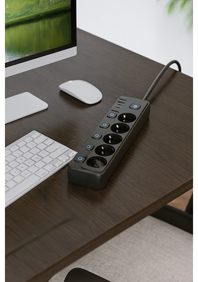 5 Li Priz + 2 Usb-a 2 Usb-c Çoklu Priz Bireysel Anahtarlı Akım Korumalı 2 Metre Kablo Hızlı Şarjlı Uzatma Kablosu 2 M