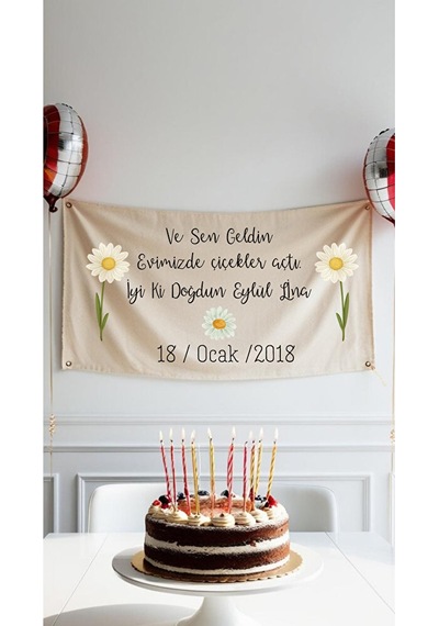 İsme Özel Çiçek Konseptli Doğum Günü Flaması Duvar Halısı