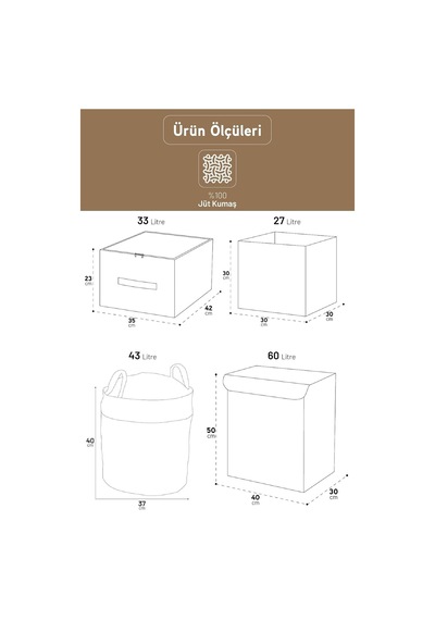 Jüt Kumaş Dolap İçi Organizer, Oyuncak Kutusu, Çamaşır Saklama Sepeti, 5'li Set, Kahverengi Çok Renkli