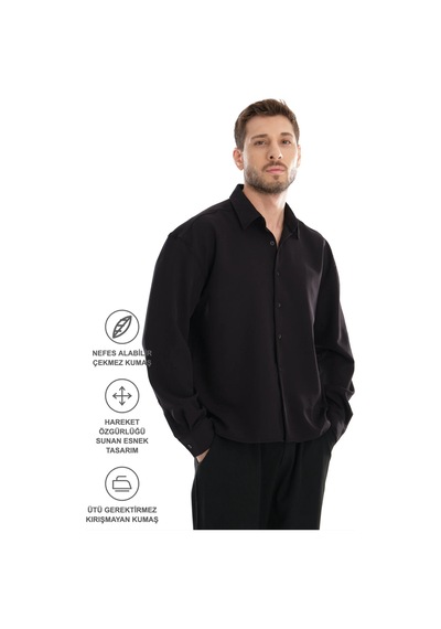 Redline Base Oversize Yumuşak Teri Emen Kolay Ütü Nefes Alan Erkek Gömlek Siyah
