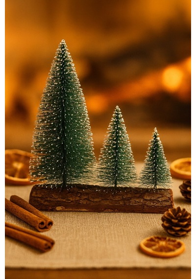 Hoşgeldin Yeni Yıl 3 Lü Mini Kar Efektli Ahşap Kütük Üstünde Mini Noel Çam Ağacı Seti 16 11 10 Cm 16 CM