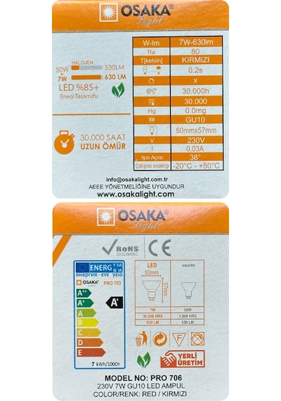 6 Adet Osaka 7w Kırmızı Işık Gu10 Duylu Kalın Duy Led Çanak Ampul
