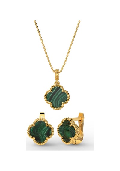 Erdobia 925 Ayar Yeşil Kaplangözü Taşlı Gold Yonca Kolye Küpe 2'li Gümüş Set-takım