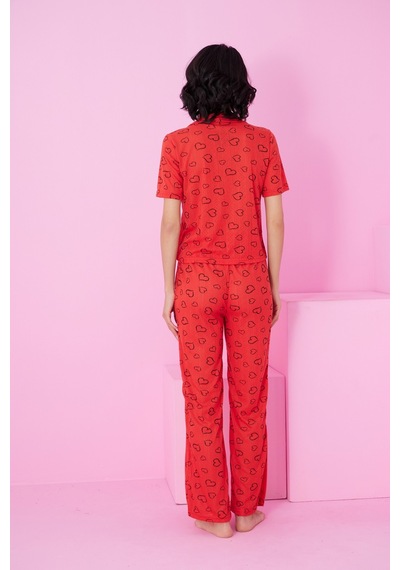 Siyah İnci Pointel Ajurlu/delikli Gömlek Yaka Örme Düğmeli Pijama Takım Kırmızı Siyah Kalp Siyah İnci Pointel Ajurlu/delikli Gömlek Yaka Örme Düğmeli Pijama Takım Kırmızı Siyah Kalp