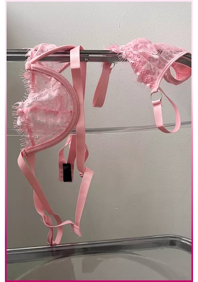 Kadın Pembe Dantelli Balenli Sütyen Külot Takım Çok Renkli