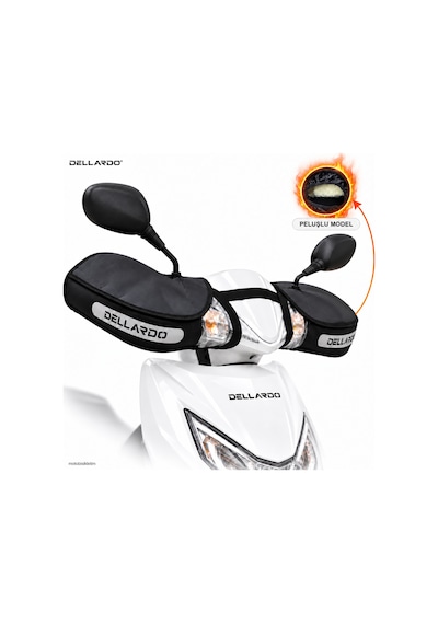 Dellardo Pro Peluşlu Scooter - Cub Motosiklet El Koruma Kılıfı - Reflektörlü Kışlık El Mufu, Su Rüzgar Geçirmez Siyah