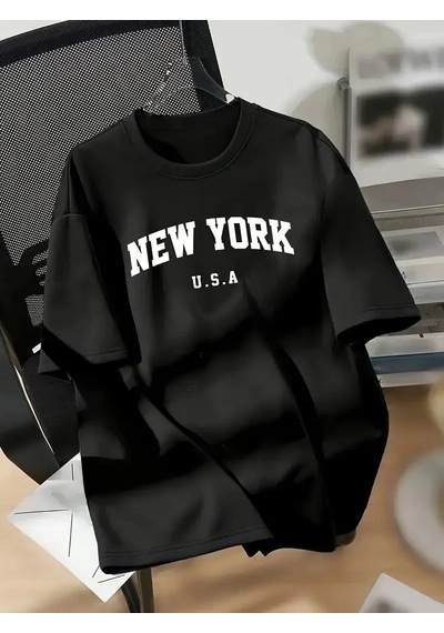 Kadın New York Baskılı Tişört Kısa Kol Bisiklet Yaka T-shirt - Siyah
