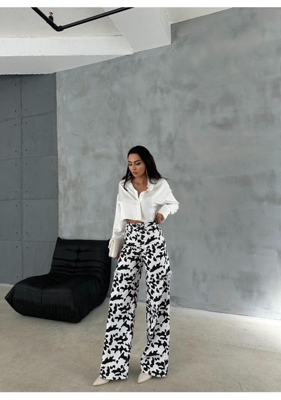 Zeo Basic Baggy Pantolon Beyaz&siyah İnek Desenli Yanlardan Lazerli Beyaz