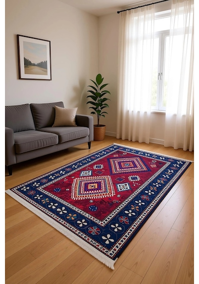 Blghome Geleneksel Motifli Modern Halı Dekoratif Kilim Kırmızı - Mavi