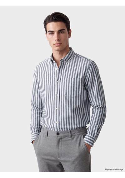 Lcwaıkıkı Classic İndigo Regular Fit Çizgili Balıksırtı Erkek Gömlek