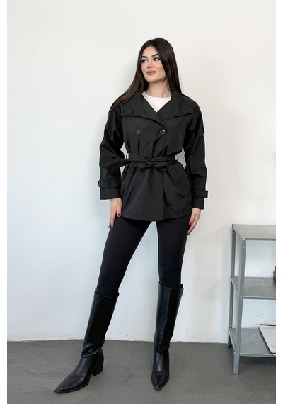 Giysa Kadın Dik Yaka Beli Kuşaklı Çift Cepli Trençkot Siyah - 27k 5980