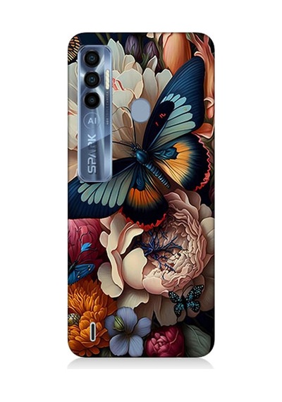 Tecno Spark 7 Pro Uyumlu Silikon Kılıf Kelebek Ve Çiçek