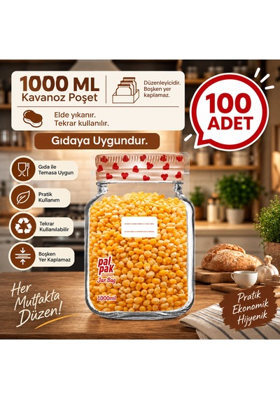 Kalp Desenli Büyük Boy Kavanoz Görünümlü Kilitli Doypack Saklama Poşeti 17x27cm - 1000ml 100 Adet