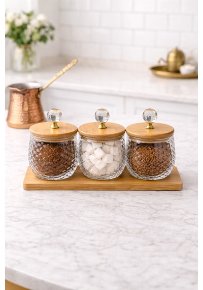 Kristal Kulplu Cam Kavanoz 8x8 Cm Seti 3 Lü Bambu Kapaklı & Ahşap Altlıklı Dekoratif Saklama Kabı Şeffaf