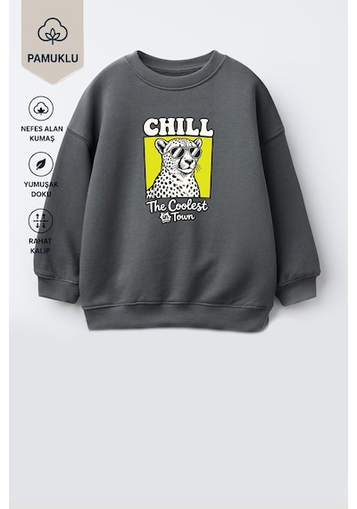 Monila Erkek Çocuk 3 İplik Kumaş Leopar Baskılı Pamuklu Sweatshirt Antrasit